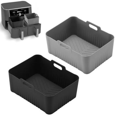 Imagem de LYHOLKEER Forros de silicone para fritadeira Ninja DZ550 10 QT, pacote com 2 forros retangulares de silicone, reutilizáveis para acessórios de fritadeira de ar duplo Ninja Foodi, antiaderentes, fáceis