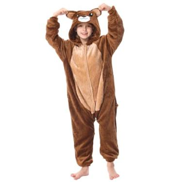 Imagem de BAOPLAYKIDS Macacão infantil de urso marrom de Halloween, unissex, infantil, uma peça, com capuz, desenho animado, fantasia, cosplay de animais para meninos e meninas, adolescentes de 10 a 11 anos