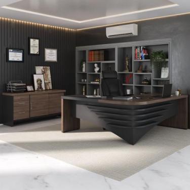 Imagem de Conjunto Mesa Diretor LD e Balcão com Gavetas Cor Charuto com Preto - 
