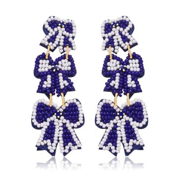 Imagem de Vogueknock Brincos de laço com contas de dia de jogo para mulheres, brincos pendentes de laço de fita tripla para futebol, beisebol, dia de jogo, lembrancinhas de festa, fãs de esportes, joias