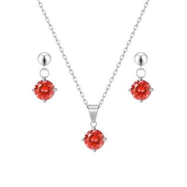 Imagem de Conjunto Feminino Colar E Brinco Aço Inox Ponto De Luz Branco Azul Vermelho Para Presente (Vermelho)