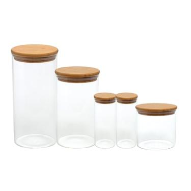Imagem de Mimo Style, Jogo de 5 Potes Hermético Redondo em Vidro Borossilicato com Tampa de Bambu Mei — Marrom Claro