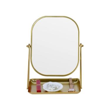 Imagem de Espelho de maquiagem de metal giratório de 360° com armazenamento, espelho de penteadeira para mesa, banheiro, quarto, penteadeira (ouro)