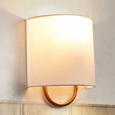 Imagem de Arandela de ferro com sombra de linho Demi-Lune - Qualidade forjada à mão e design moderno, luzes de parede, arandelas de parede de quarto, arandelas de banheiro modernas, 10 cm L x 24 cm P x 32 cm A