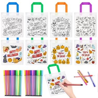 Imagem de Hpscdyo 12 peças de sacolas de presente para colorir Dia das Bruxas para crianças com 24 canetas de tinta, sacos de doces para colorir, sacos de presente de abóbora, aranha, gato, fantasma, não tecido