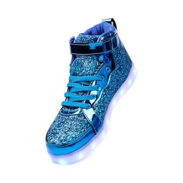 Imagem de PYYIQI Tênis de LED com glitter, cano alto, feminino, masculino, piscando, para festa de Natal, Halloween, com carregamento USB, Azul-celeste, 9 Women/8.5 Men