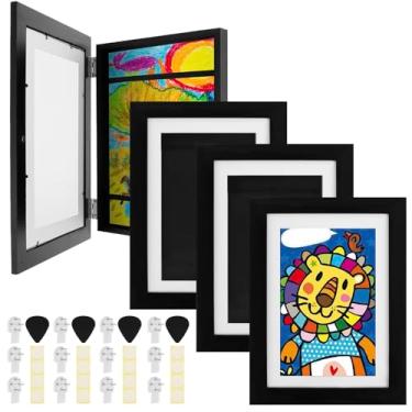 Imagem de XYDHQS Moldura de arte infantil de 1/2/4 peças, abertura frontal, moldura de exibição de arte infantil mutável, comporta 50 a 100 obras de arte para desenhos, projetos de arte infantis (Blackwood-4)