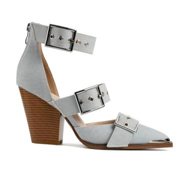 Imagem de Migpuel Sandálias femininas ocidentais com salto plataforma grosso, bico fino, tira no tornozelo, fivela de metal, salto com tiras, confortável, moderno, casual, sapato social, Denim_camurça, 35
