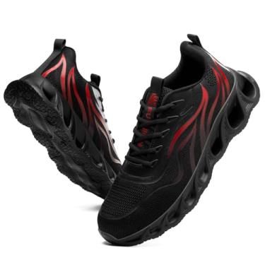 Imagem de Furuian Tênis de bico de aço para homens e mulheres, leve, indestrutível, de segurança, tênis de trabalho confortáveis com bico de aço à prova de perfurações, Preto/vermelho, 42 BR