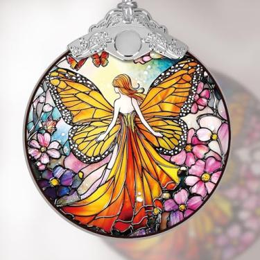 Imagem de Enfeite de árvore de Natal, decoração de pendurar em estilo vitral e apanhador solar de janela de acrílico, design de fada de borboleta com flores, para amigos da família