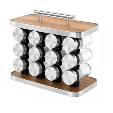 Imagem de Porta Temperos Com 12 Potes De Vidro, Organizador De Condimentos Com AlçA Inox, Suporte Para Cozinha PráTico
