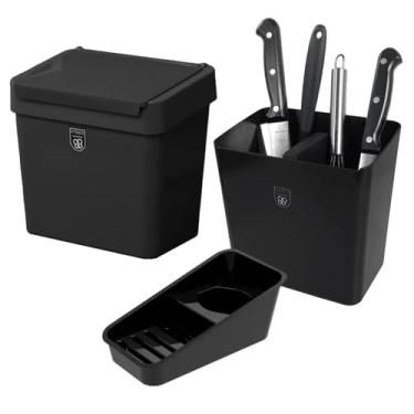 Imagem de Kit 3 Pç Organizador de Pia + Escorredor Talheres + Lixeira 2,5 Litros Com Tampa Cozinha Preto - Pop Crippa