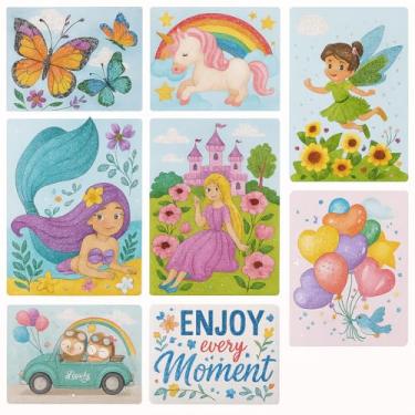 Imagem de Kit de Pintura Diamante 5D Infantil, Temas Variados, Quadro Decorativo Multicolorido, 21x15 cm, com Kit Completo com Caneta, bandeja, cola e diamantes (fada)