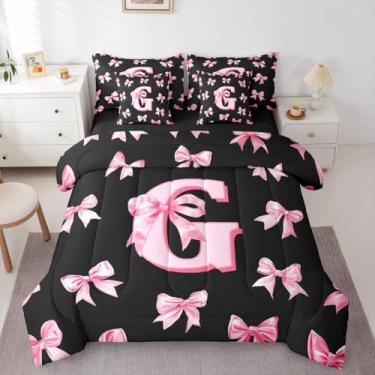 Imagem de Erosebridal Jogo de cama infantil fofo com laço rosa, tamanho casal, letra G, conjunto de edredom para meninas, com laço de coquete, inicial G, conjunto de cama com laço com monograma