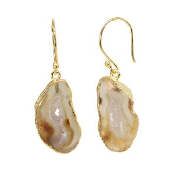 Imagem de Dazzle Appeal Brincos femininos banhados a ouro com pingente de geodo em fatia de ágata, pedras preciosas naturais boho, Large, Pedra preciosa, Ágata