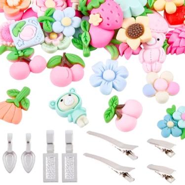 Imagem de SUNNYCLUE 1 caixa com 108 peças de berloques de frutas de resina plana kit de fabricação de grampos de cabelo, pequenas flores aleatórias, cabochão de metal, prata, base de traição em branco para