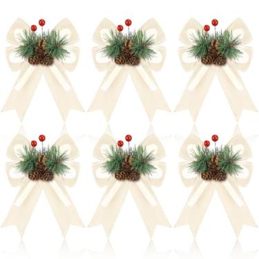 Imagem de Syhood 6 peças de laço de veludo de Natal com pinhas, agulhas de pinheiro, bagas, fita de champanhe, enfeite de laço de 15 x 12 cm para árvore de Natal, grinalda, jardim, lareira, artesanato