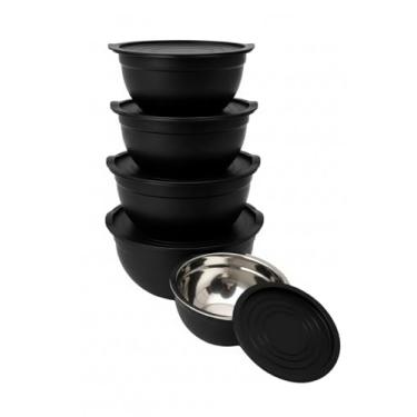 Imagem de Kit 5 Bowls Pretos de Inox com Tampas — Conjunto de Tigelas Empilháveis para Cozinha, Saladas, Armazenar e Servir Alimentos