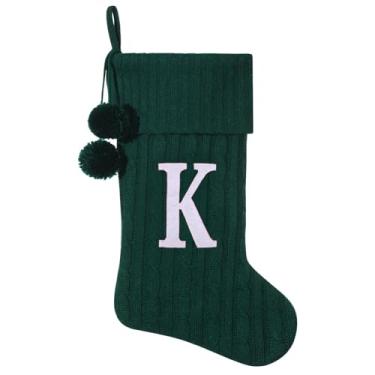 Imagem de Pxniy Meia de Natal personalizada de 48 cm - malha verde com monograma bordado e pompons, cabide de lareira familiar para decoração de férias, letra verde K