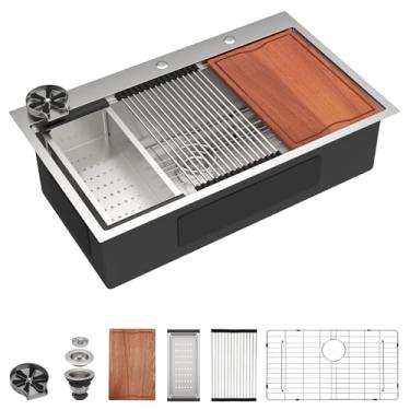 Imagem de Dcolora Pia de cozinha para estação de trabalho 33 x 22 com arruela de copos, tigela única grande de luxo, aço inoxidável 304 resistente, calibre 16, acessórios 5 em 1 #DC-TW258006S