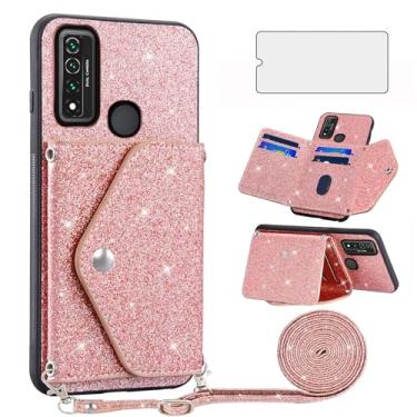 Imagem de Asuwish Capa de telefone para Alcatel TCL 4X 5G T601DL/20 A 5G T768S capa carteira com protetor de tela de vidro temperado e alça transversal cordão Bling Glitter cartão titular TCL4X5G 4X5G visível