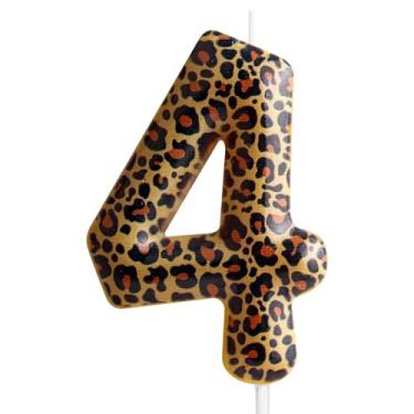 Imagem de Velas de aniversário com estampa de leopardo número 4, velas com números de aniversário com estampa de leopardo realista, bolo de vela temática de animais selvagens Onez para meninos e meninas,