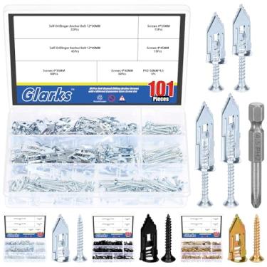 Imagem de Glarks 201 peças de âncoras autoperfurantes de drywall com conjunto de parafusos, 100 peças de parafuso de rosca de âncora de parede oca de aço carbono com 100 parafusos e 1 kit de brocas PH2 para