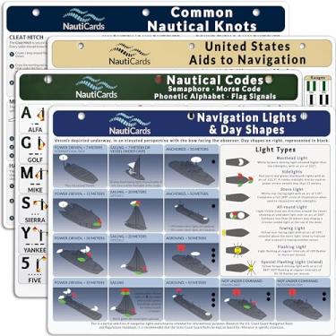 Imagem de NautiCards Pacote de referência marítima – 4 guias à prova d'água para bóias, bandeiras e códigos, luzes e formas e nós de vela | Equipamento essencial de barco e acessórios de vela