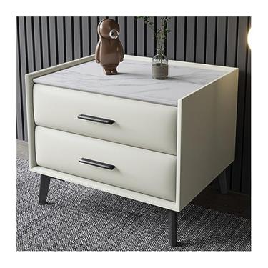 Imagem de Mesa de cabeceira de couro mesa de cabeceira quarto mesa de cabeceira de liga de carbono armazenamento de pernas móveis de cabeceira espaçosa bancada de pedra com alça duas gavetas mesa de cabeceira