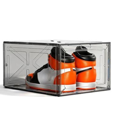 Imagem de 1 pacote de caixa de sapato frontal para tênis masculinos, estojo magnético empilhável, tamanho grande para até EUA 13, organizador preto transparente – 34 x 26 x 19 cm