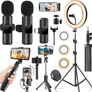 Imagem de Kit Suporte Smartphone Tripé Iluminador Profissional + Microfone Sem F
