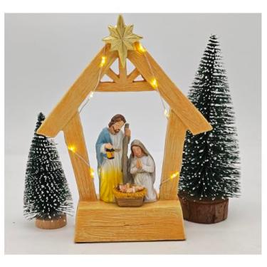 Imagem de Conjunto de presépio brilhante com luzes LED - Estatuetas de resina da Sagrada Família (Maria, José, Jesus) em estábulo, cena de manjedoura de Natal para casa, igreja e presente, decoração de férias