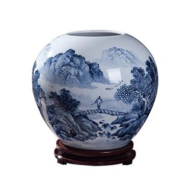 Imagem de AKALNNB Vaso de flores, vaso de cerâmica, 23 cm, grande, azul e branco, porcelana, paisagem chinesa, pintados à mão, vasos de cerâmica áspera, quarto, sala de estar