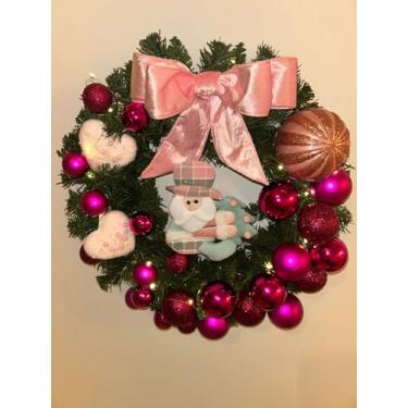 Imagem de Guirlanda Natalina de Luxo, Verde com Bolas Rosas e Rosé, Laço Rosa, Decoração LED, 45 cm, RIKABUNI