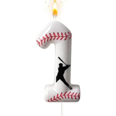 Imagem de Vela com número de aniversário de beisebol, número 1 para topo de bolo, decoração de bolo para festas de aniversário, aniversário de casamento e outras celebrações (1)