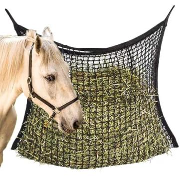 Imagem de spintenis Rede de feno de cavalo com furos pequenos, 89 x 78 cm, grande capacidade, preta