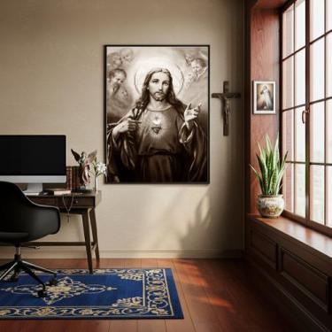 Imagem de Quadro Sagrado Coração de Jesus P&B - 70x50cm - Quadros On-line, Moldu