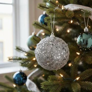 Imagem de Kit 3 Bolas De Natal Decorada Luxo Estrela 8cm - Casa Natale, Prateado