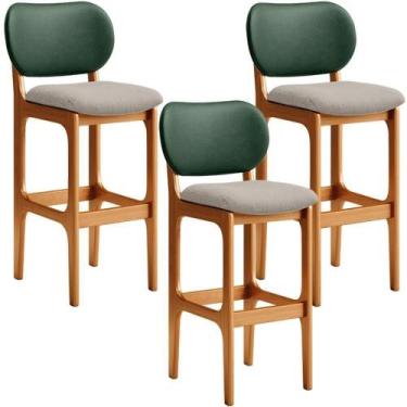 Imagem de Kit 3 Banquetas Alta Betta Imbuia Facto Verde Linho Bege - LYAM DECOR