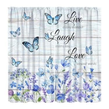 Imagem de Cortinas borboleta, azul petróleo, tábuas rústicas, fazenda, citações inspiradoras, impressão, tratamentos de janela, cortinas com isolamento térmico, bolso para varão, conjuntos de 2 painéis para