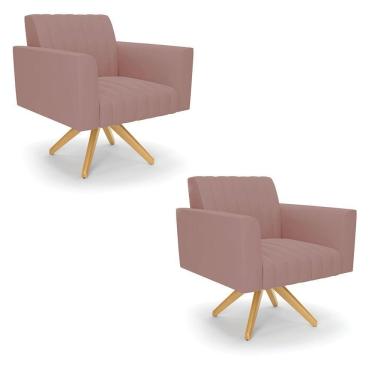 Imagem de Kit 2 Poltronas Giratória Viena Gomada Veludo Base De Madeira Ma30 - D'rossi Cor Rose