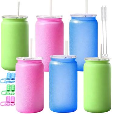 Imagem de Alohastarttg Copos Mason Jar com tampas e canudos, copos de plástico reutilizáveis de 473 ml para uísque, refrigerante, chá, suco, cerveja, café, chá de leite, presentes, pacote com 6 (congelados)
