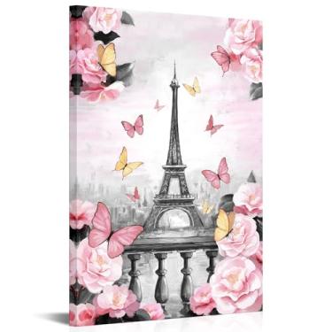 Imagem de RyounoArt Arte de parede rosa Paris Impressão em tela Torre Eiffel paisagem urbana pintura preto e branco com blush camélia decoração de parede floral emoldurada 40 x 61 cm (rosa)