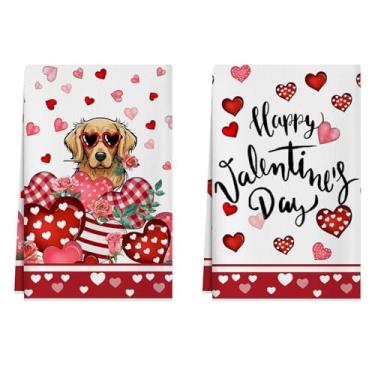Imagem de XCHI Happy Valentine's Day Love Hearts Toalhas de cozinha de cachorro 45,7 x 66 cm Decorações de cozinha para casa conjunto de 2 panos de prato de secagem