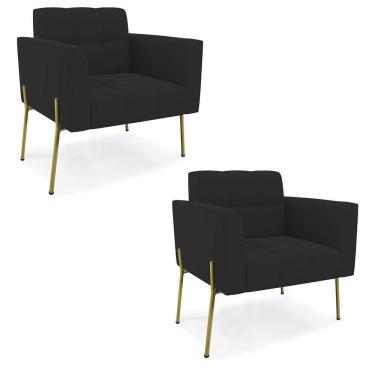 Imagem de Poltrona Pé De Ferro Dourado Para Sala Kit 2 Elisa Veludo Preto D03 - D'rossi
