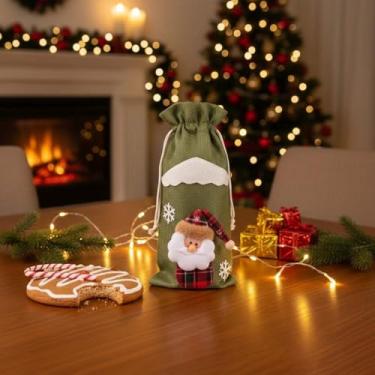 Imagem de Sacos de Natal para garrafas de vinho, sacos de presente com cordão de serapilheira para garrafas de licor, decoração de férias com design de boneco de neve e Papai Noel