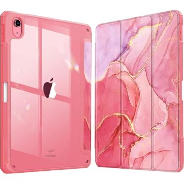 Imagem de Capa para iPad 10ª Geração 10.9 (2022) A2757 A2777 A2696/ iPad A16 (2025) 11" + Película de Vidro - Case Acrílico Magnética Com Suporte de Caneta Pencil (Mármore Rosa)