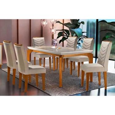 Imagem de Conjunto: Mesa Cozinha Londrina Tampo Madeirado c/Vidro Reto 180cm 6Cadeiras Londrina Imbuia/Suede Creme-Rufato