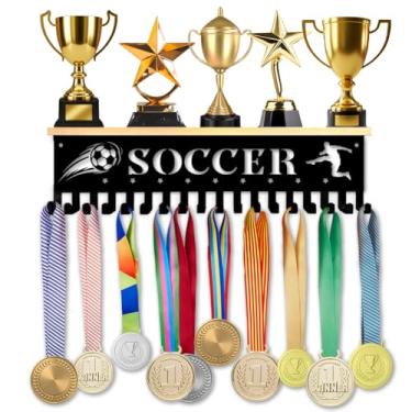 Imagem de SUPERDANT Suporte para medalhas de futebol, prateleira de troféu de madeira com 18 ganchos, suporte de metal de futebol, prateleiras de troféu, ganchos de medalha, suporte de parede, suporte de
