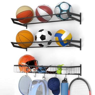 Imagem de Tuenort Organizador esportivo de parede com suporte de bola com prateleira de 3 níveis – Rack de basquete de garagem para bolas, armazenamento multiuso de bolas de parede, prateleiras para garagem